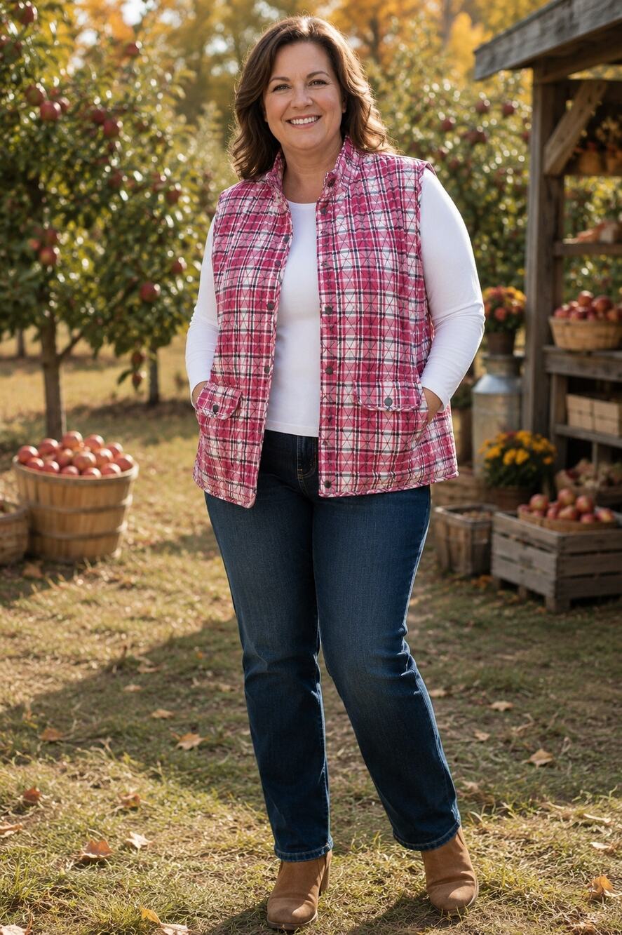C.J. Banks Pink Plaid Quilted Vest Size X Cotton Snap Front Pockets